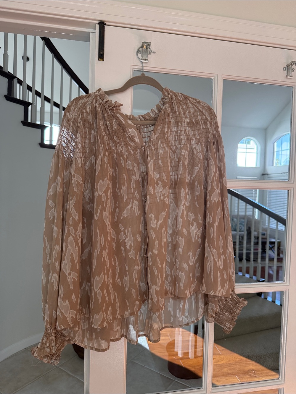 Blu Pepper Size Large  Lightweight Tan Floral Sheer Smocked Peasant Blouse